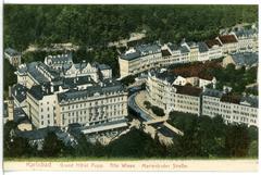 Grandhotel Pupp historic view in Karlsbad 1905 with Alte Wiese and Marienbader Straße