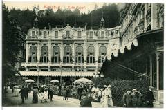 Historic black and white photograph of Cafe Pupp in Karlsbad from 1906