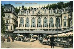 Historic Karlsbad Cafe Pupp exterior in 1906 with people on the street