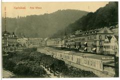 Historic black and white photo of Karlsbad Alte Wiese area with buildings in 1906