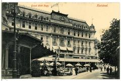 Historic Grand Hotel Pupp in Karlsbad in 1906 with vintage architecture and horse-drawn carriages