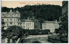 Vintage black and white photo of Grandhotel Pupp in Karlsbad, Alte Wiese area, 1910