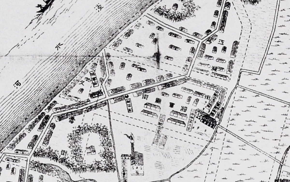 Old map of Taipei city from 1911 showing the part of Jinde Temple buildings located on planned Kangding Road facing demolition