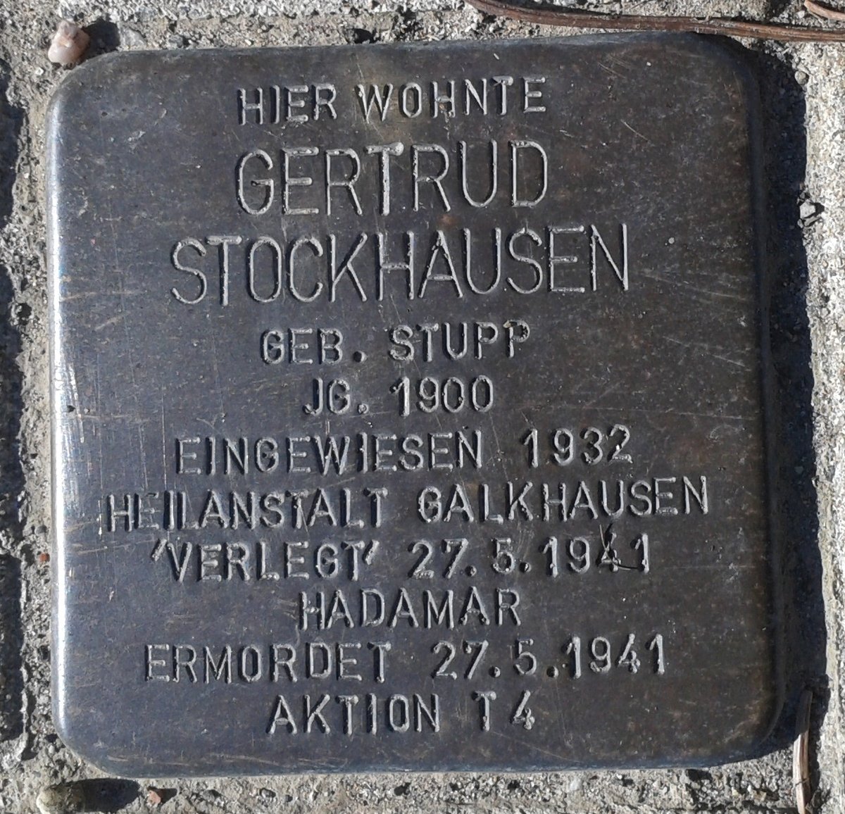 Stolperstein memorial stone dedicated to Gertrud Stockhausen in Bergisch Gladbach, Germany