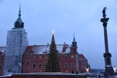 Winter cityscape of Warsaw in January 2018 with snow-covered streets and buildings