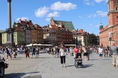 Panoramic view of Warsaw city skyline in August 2019 with modern buildings and clear blue sky