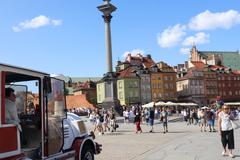 Warsaw cityscape with modern and historic buildings in August 2019