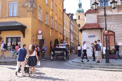 Urban scene in Warsaw with modern and historical buildings in August 2019