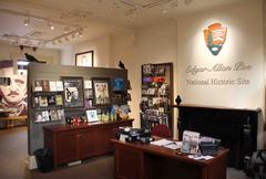 Cases filled with books and Edgar Allan Poe related merchandise at Edgar Allan Poe National Historic Site sales center