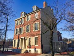 Three-story brick row homes including the Edgar Allan Poe National Historic Site in Pennsylvania
