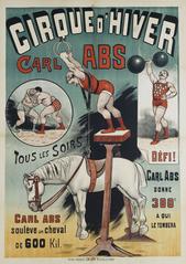 Vintage lithograph poster of Carl Abs lifting a horse at Cirque d'Hiver in Paris, showcasing strength performance