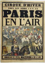 Vintage lithographic poster advertising Cirque d'Hiver in Paris featuring horse guards escorting a state carriage