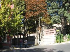 Lower entrance of Yıldız Technical University in Istanbul with stone pillars and campus buildings