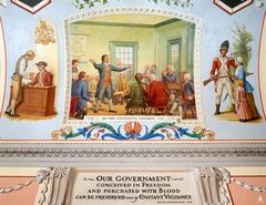 Mural depicting the First Continental Congress meeting with Patrick Henry making an oration at Carpenter's Hall in 1774