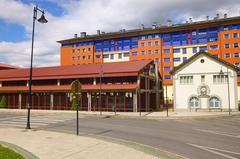 Exterior view of Museo del Ferrocarril train museum in Ponferrada with parked trains