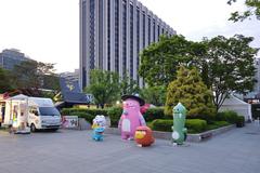 Statues of Hechi and Soul Friends, mascots of Seoul city, celebrating K-Food Festival Knock Knock in Gwanghwamun Square