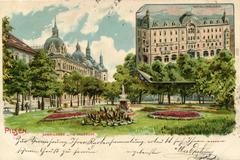 Vintage postcard of Pilsen showing Sparkasse bank, Museum, and Hotel Waldek