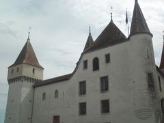 Close-up view of Nyon Castle, a historic medieval fortress in Nyon, Switzerland