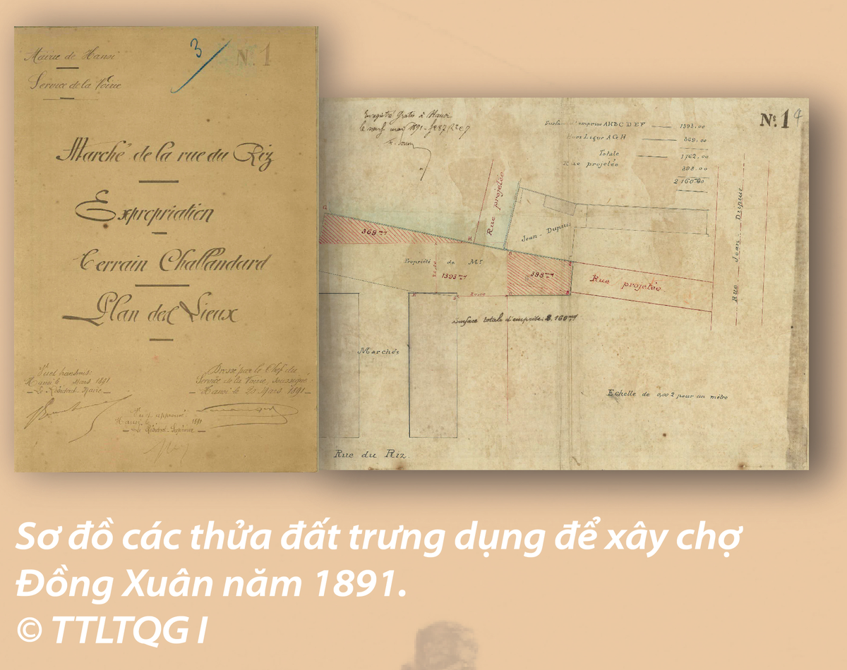 Historical map showing the area designated for Đồng Xuân Market construction in Hanoi, 1891