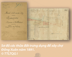 Historical map showing the area designated for Đồng Xuân Market construction in Hanoi, 1891