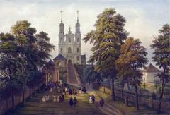 Historic view of the Adshukanne Svyatoga Kryzha Church in Kalvaryja, Vilnia
