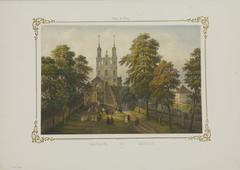 Historic painting of Vilnia Kalvaryja by L. Bichebois from 1849 showing a panoramic view of Vilnius Calvary with churches and green landscape