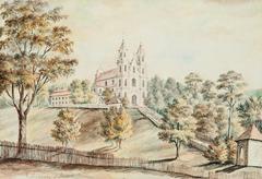 Historic 1877 painting of Kalvaryja in Vilnia featuring the Church of the Finding of the Holy Cross