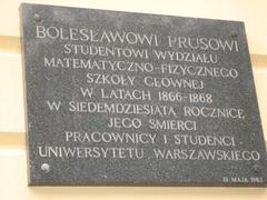 Plaque on facade of Warsaw University's Kazimierz Palace dedicated to Bolesław Prus, commemorating his time as a student from 1866-1868
