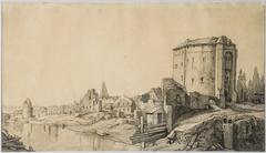 Hal city gate and remnants of Brussels city walls drawing by Bossuet