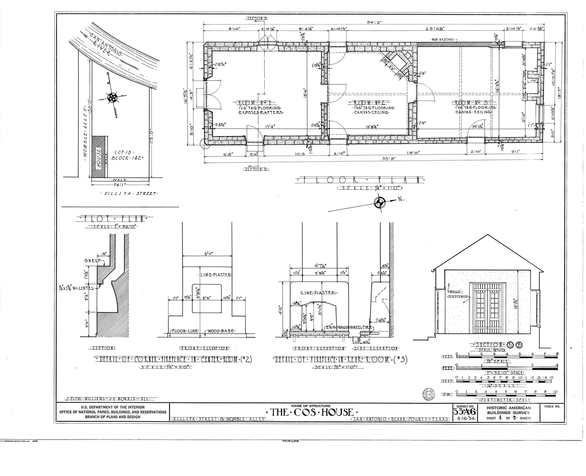 Architectural drawing of the Cos House at 513 Paseo de la Villita, San Antonio, Texas