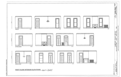 Architectural interior elevation drawing of first floor interior walls of Sampson-Nalle House in Austin, Texas, showing detailed wall elevations and annotations.