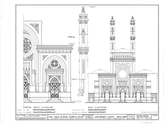 Black and white architectural drawing of Isaac M. Wise Temple in Cincinnati