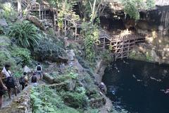 Natural open cenote with clear blue water surrounded by rocky cliffs and lush greenery