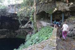 Clear blue water of Cenote Zaci surrounded by rocky walls and green vegetation