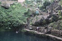 View of Cenote Zaci with clear blue water surrounded by lush greenery and rocky walls