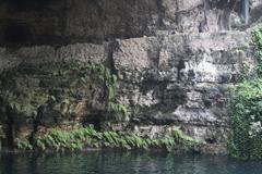 Cenote Zaci with clear turquoise water surrounded by limestone walls and lush greenery in Valladolid, Mexico