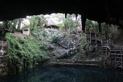 Clear blue water of Cenote Zaci surrounded by lush green vegetation