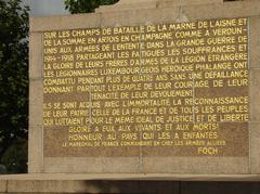 Inscription in French at the base of the Gëlle Fra war memorial in Luxembourg City honoring Luxembourgeois soldiers of WWI
