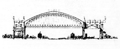 Cross-sectional view of Estación del Norte in Valencia, Spain showing detailed architecture