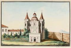 Historic illustration of Vilnia Antokal district featuring the Church of the Lord Jesus and Trinitarian monastery
