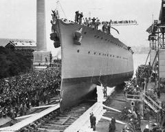 Launch of Australian cruiser HMAS Adelaide at Cockatoo Island Dockyard, Sydney in 1918
