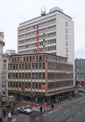 ERGO Victoria Hochhaus building at Immermannstraße 18 in Düsseldorf with demolition of the lower building section at Oststraße corner Marienstraße