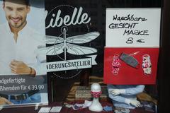 Reusable cloth face masks displayed at Änderungsatelier Libelle in Düsseldorf on April 2, 2020