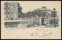 Vintage postcard image of Achtergracht corner Amstel with theater Carré in the background and the sluice keeper's house of the Amstel locks in the center