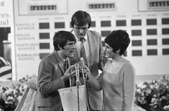 Protest action of Bisschop Bekkers in Carré theatre with Dutch TV personalities Kees van Kooten and Wim de Bie alongside presenter Mies Bouwman in Amsterdam, May 1969