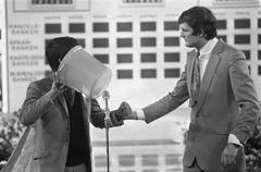 Kees van Kooten and Wim de Bie performing in the Carré theater Amsterdam during Bisschop Bekkers action in 1969