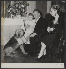Alex Wunnink, director of Carré Theater, celebrating 75th birthday and 25 years as director, receiving congratulations with wife and grandchild and a dog at reception in 1952