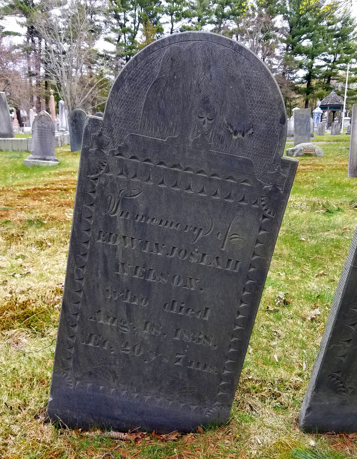 Gravestone for Edwin Josiah Nelson at Munroe Cemetery in Lexington, Massachusetts