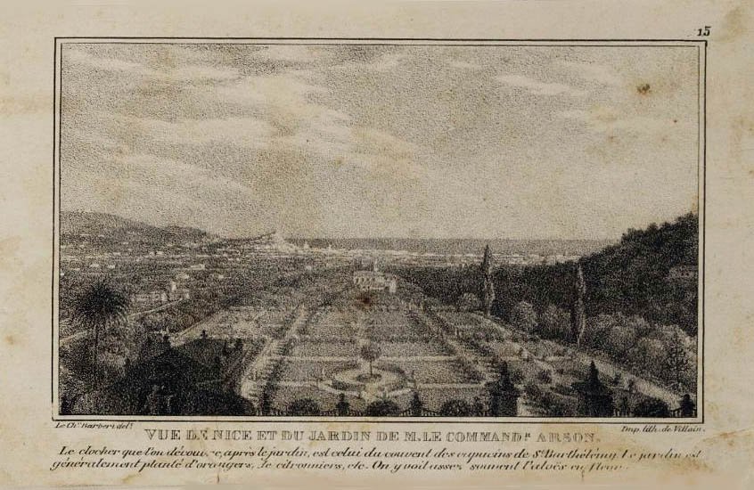Black and white print showing a perspective view of the gardens of Villa Arson with the bell tower of the Capuchin convent and indications of fruit and flower cultivation