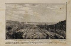 Black and white print showing a perspective view of the gardens of Villa Arson with the bell tower of the Capuchin convent and indications of fruit and flower cultivation